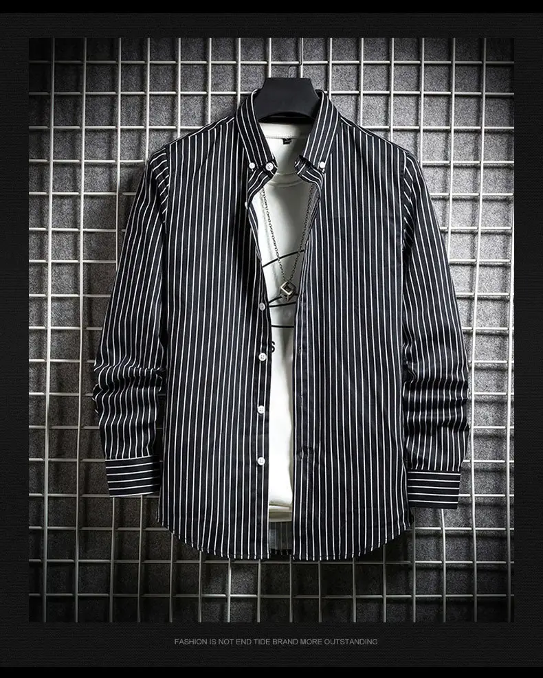 Men's Long Sleeve Striped Shirt White Blue Grey All Match — feature 10