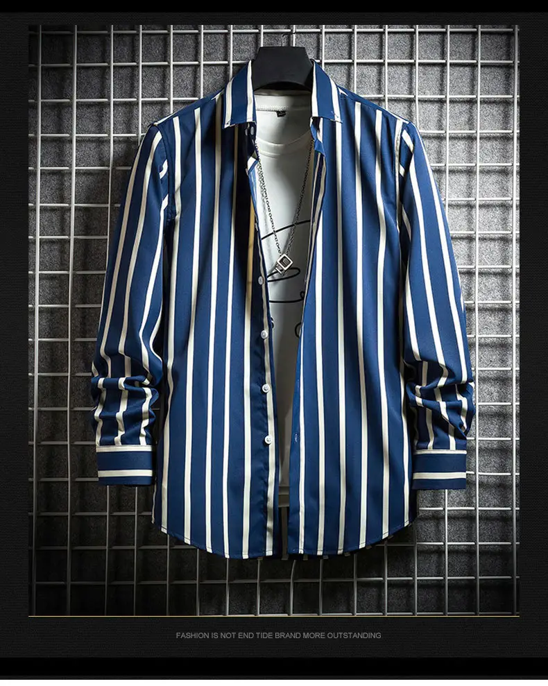 Men's Long Sleeve Striped Shirt White Blue Grey All Match — feature 12