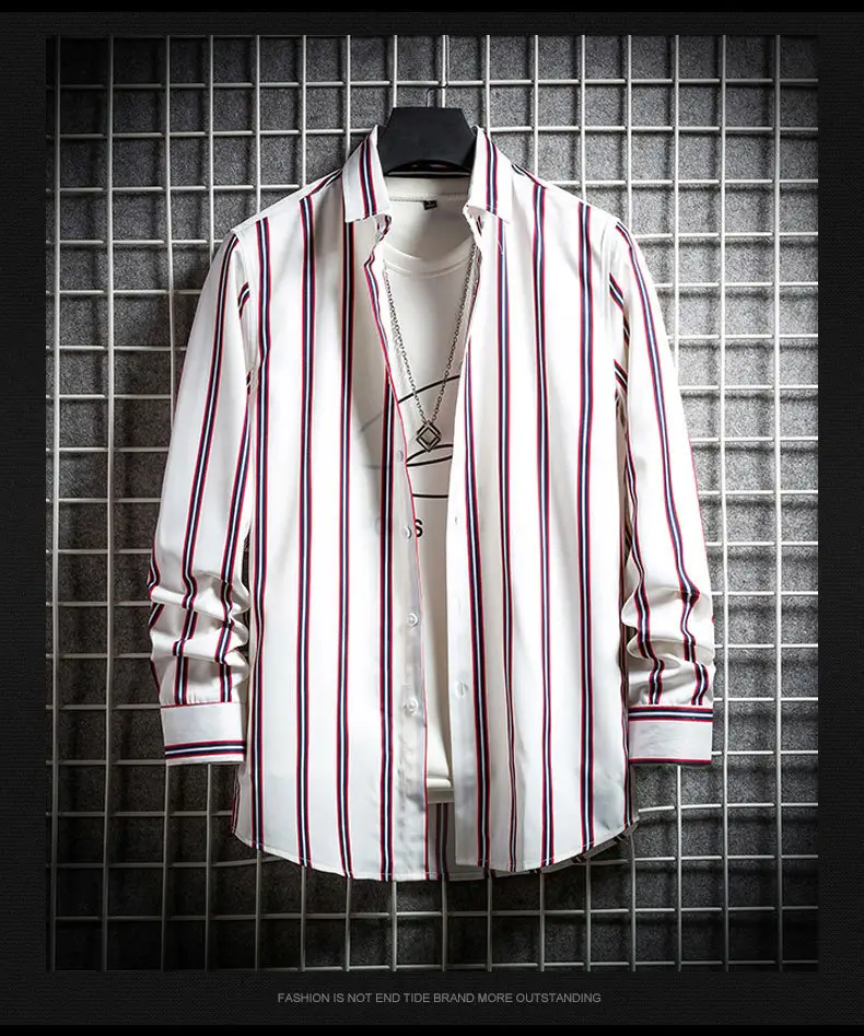 Men's Long Sleeve Striped Shirt White Blue Grey All Match — feature 9
