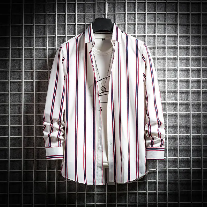 Men's Long Sleeve Striped Shirt White Blue Grey All Match