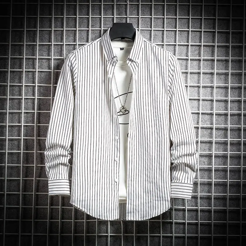 Men's Long Sleeve Striped Shirt White Blue Grey All Match