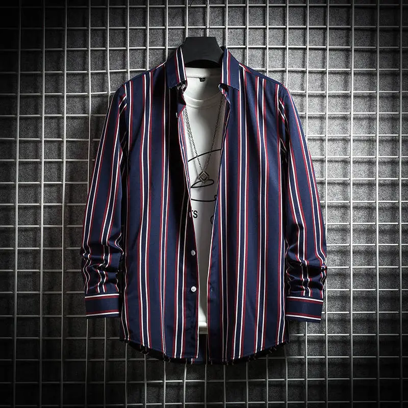 Men's Long Sleeve Striped Shirt White Blue Grey All Match