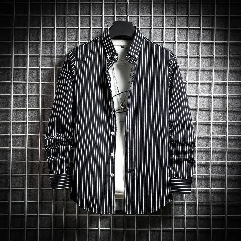 Men's Long Sleeve Striped Shirt White Blue Grey All Match