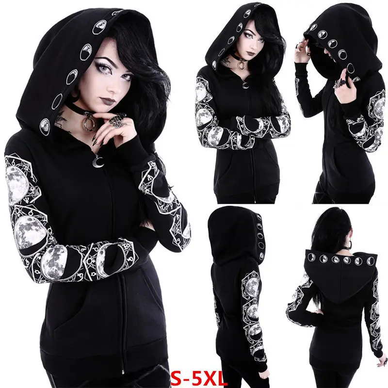 Black Punk Hooded Long Sleeve Sweater with Embroidered Sleeves - Image 2