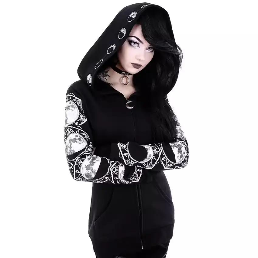 Black Punk Hooded Long Sleeve Sweater with Embroidered Sleeves - Image 3