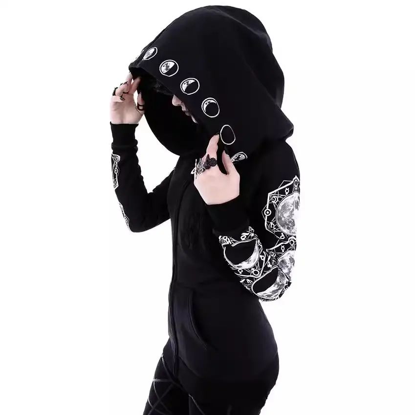 Black Punk Hooded Long Sleeve Sweater with Embroidered Sleeves - Image 5
