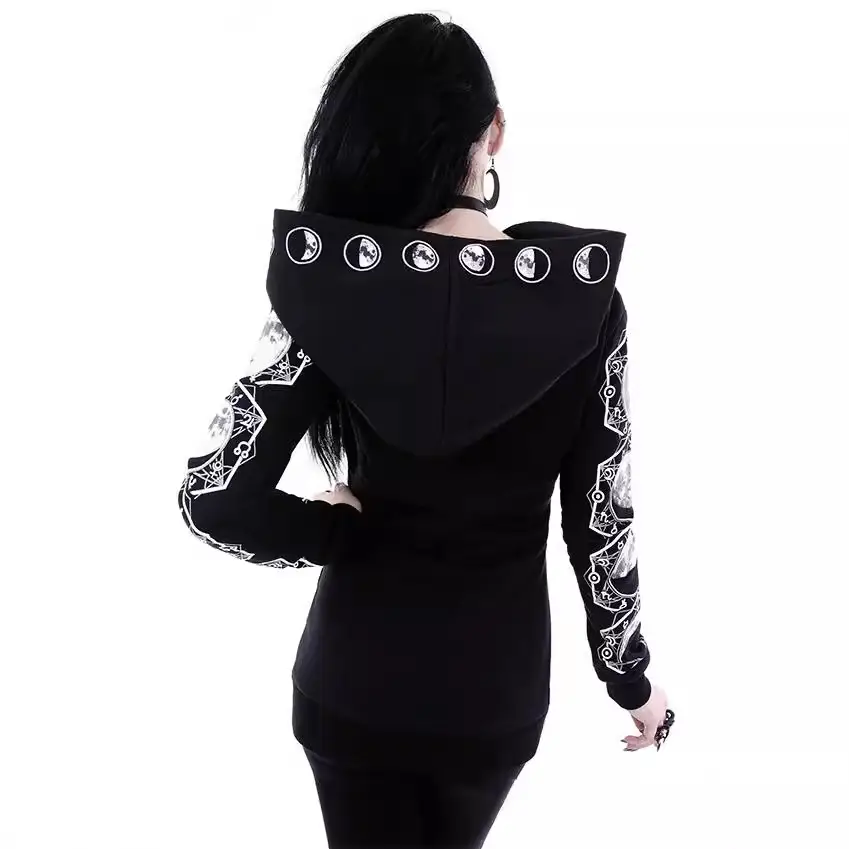 Black Punk Hooded Long Sleeve Sweater with Embroidered Sleeves - Image 6