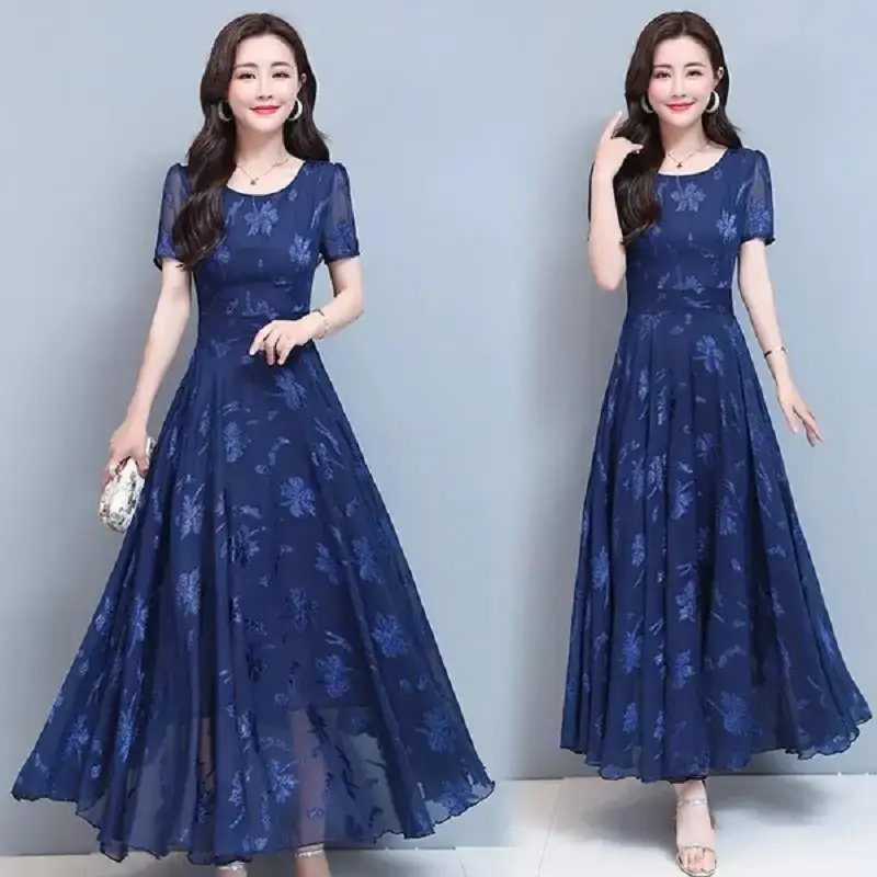 Women Navy Printed Long Sleeve Frock Summer Dress - Image 5