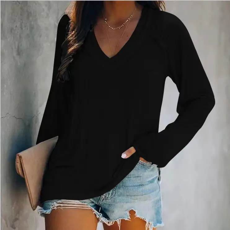 Women Printed Long Sleeve V Neck T-Shirt Black - Image 5