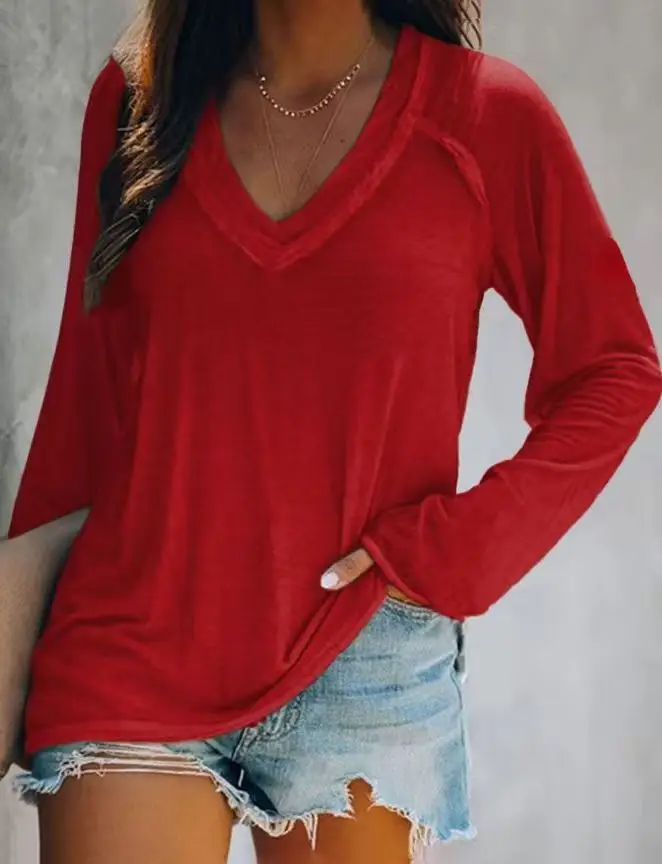 Women Printed Long Sleeve V Neck T-Shirt Black - Image 10