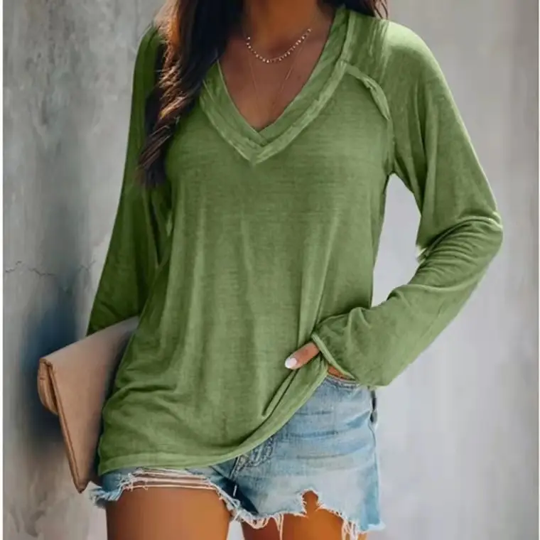 Women Printed Long Sleeve V Neck T-Shirt Black - Image 4