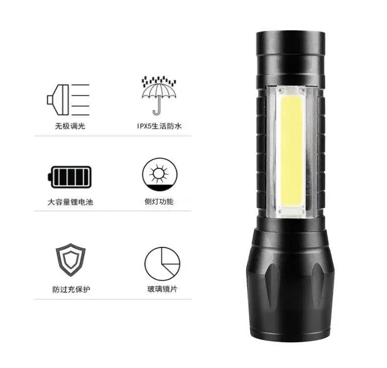 Mini USB Rechargeable COB Flashlight Black - Image 4