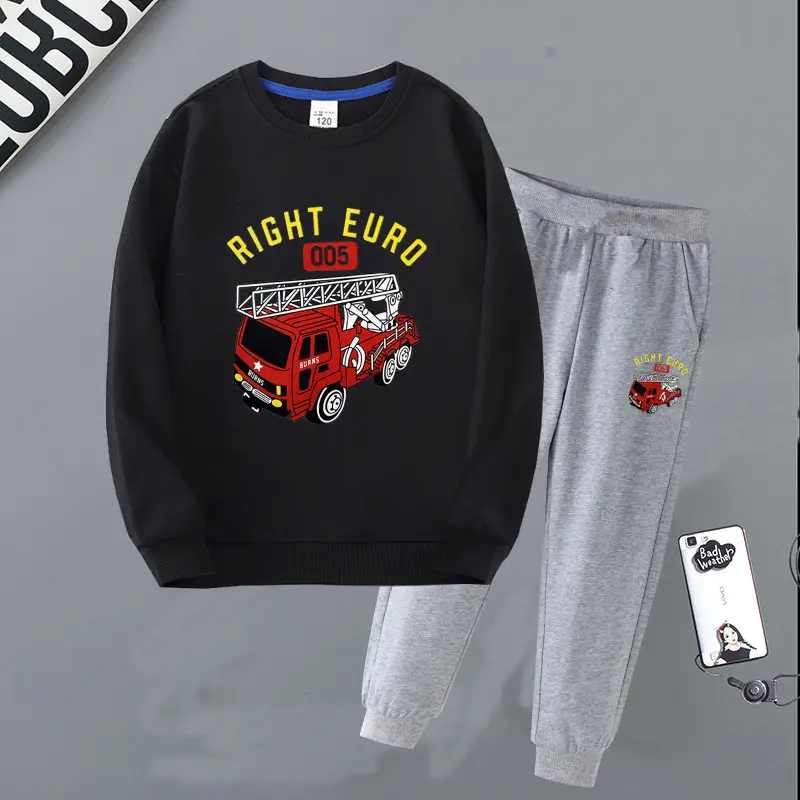 Children's Right Euro Fire Engine Sweatshirt Suit Black Grey - Image 10