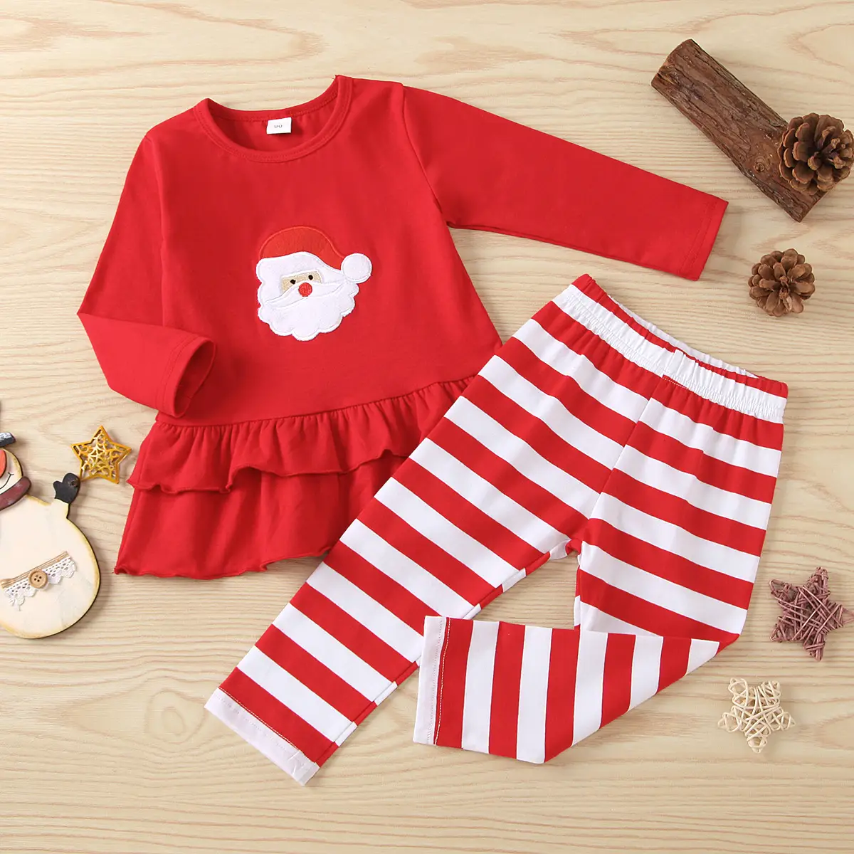 2021 Christmas Girls' Red Santa Patch Ruffled Top & Striped Pants Set