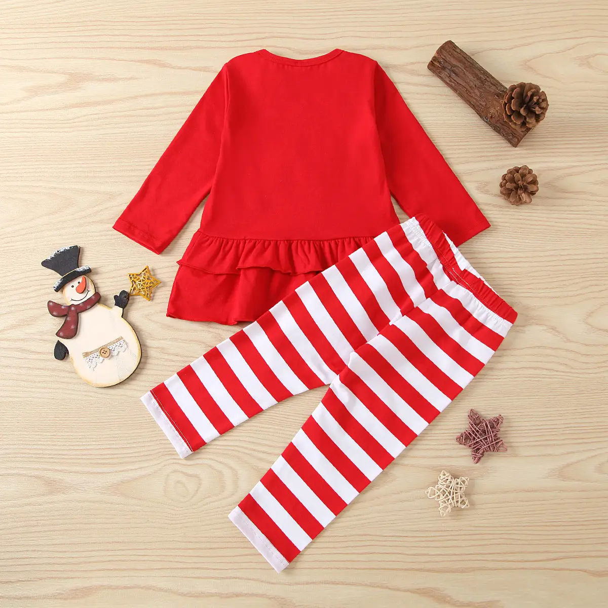 2021 Christmas Girls' Red Santa Patch Ruffled Top & Striped Pants Set