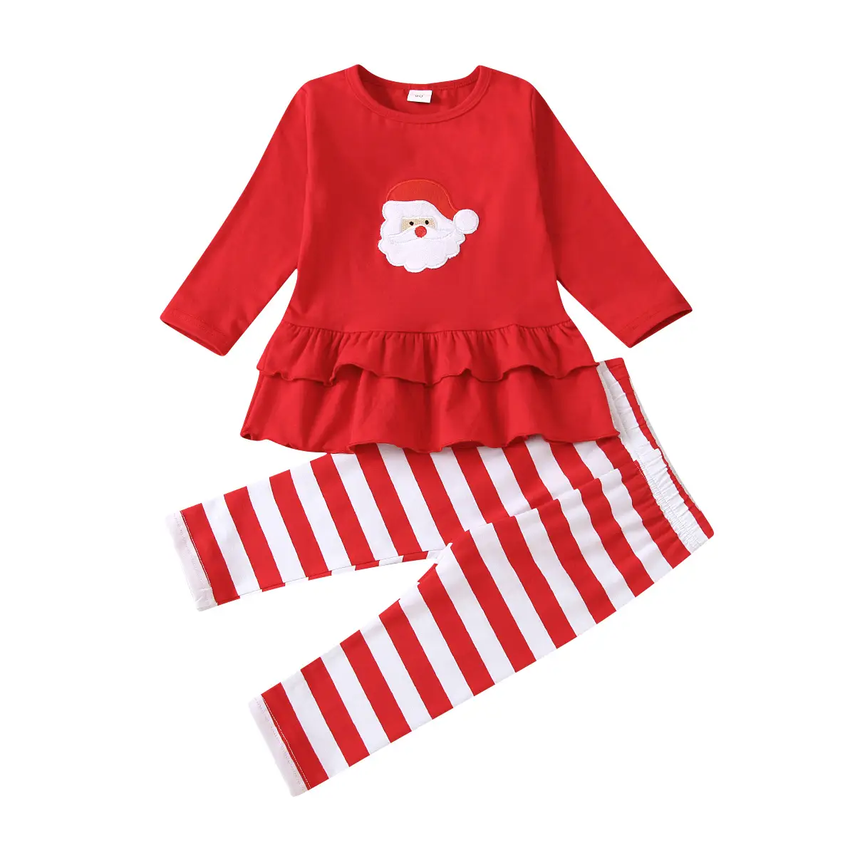 2021 Christmas Girls' Red Santa Patch Ruffled Top & Striped Pants Set