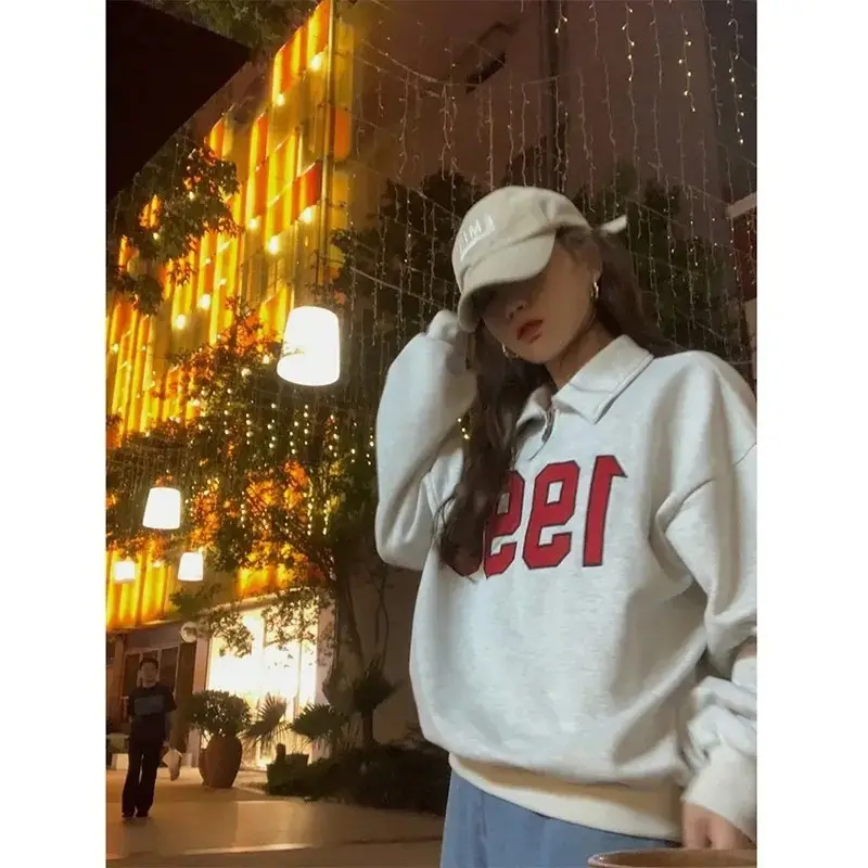 Women Cotton Polo Sweater Loose Autumn Winter Casual Top - Image 7
