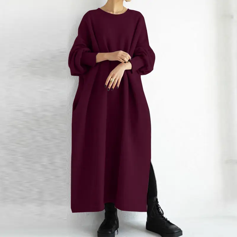 Gray Cotton Crew Neck Sweater Dress for Women