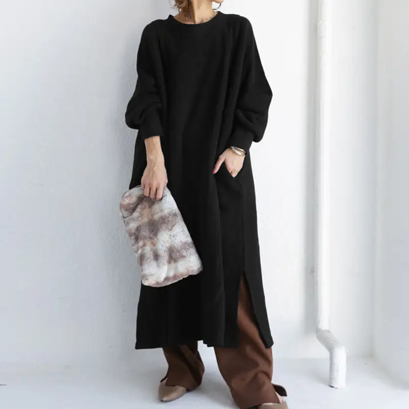 Gray Cotton Crew Neck Sweater Dress for Women