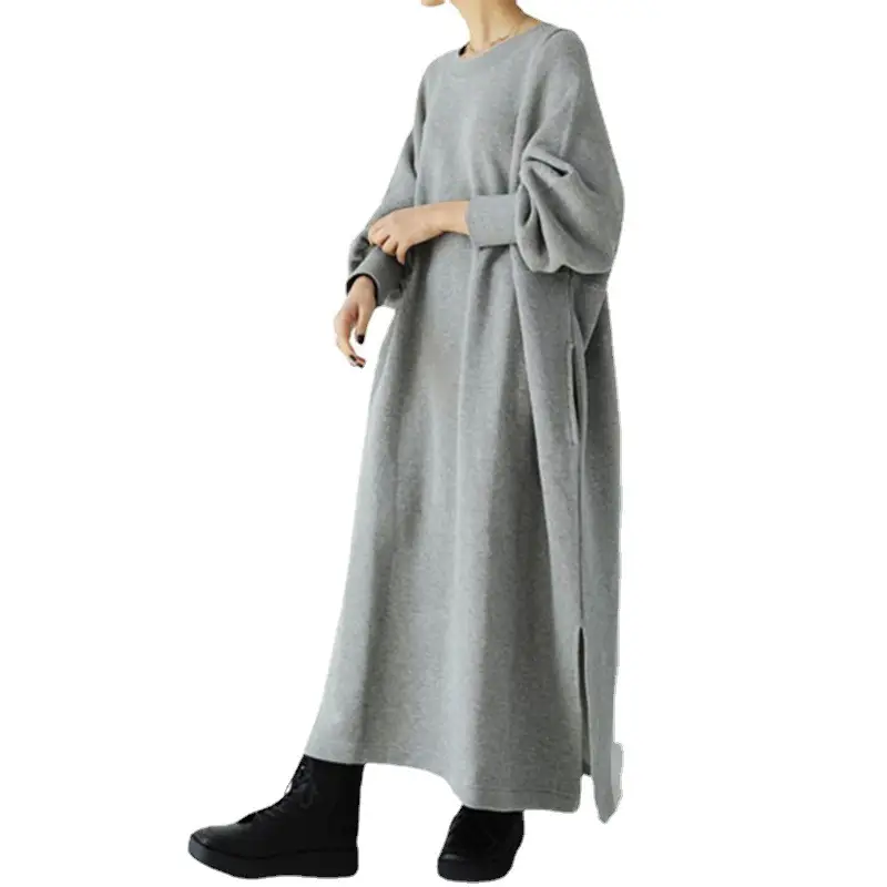 Gray Cotton Crew Neck Sweater Dress for Women