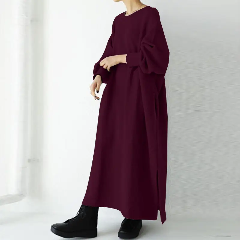 Gray Cotton Crew Neck Sweater Dress for Women