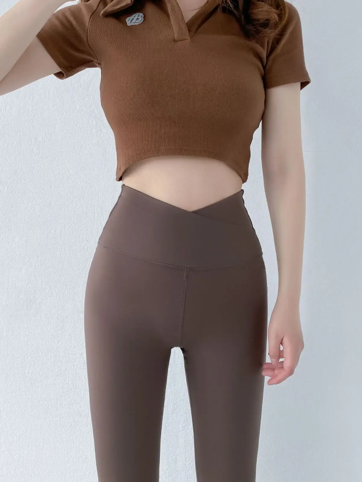 Korean Style Sharkskin Leggings V-Back Slimming Tights Brown - Image 10