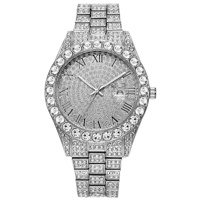 Hiphop Watch European and American Explosions Men's Steel Band Hip Hop Roman Graduated Diamond Set Calendar Men's Quartz Watch - Image 11
