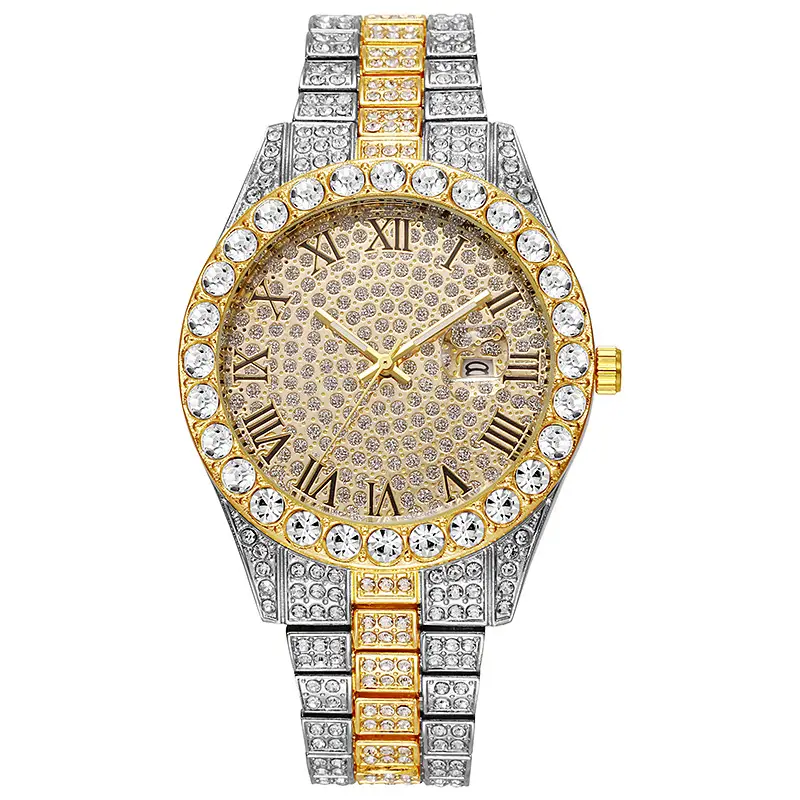 Hiphop Watch European and American Explosions Men's Steel Band Hip Hop Roman Graduated Diamond Set Calendar Men's Quartz Watch - Image 12