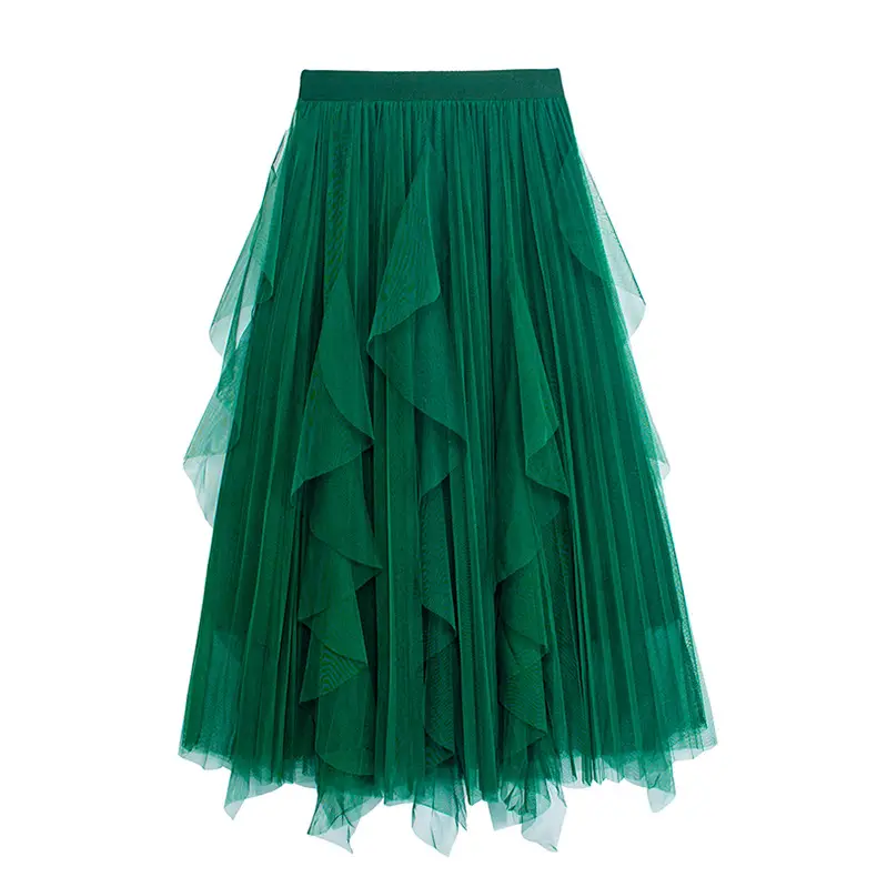 Green Ruffled Mesh Skirt Mid Length High Waist - Image 11