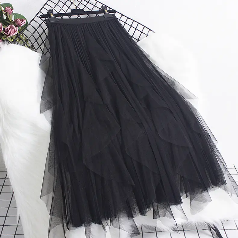 Green Ruffled Mesh Skirt Mid Length High Waist - Image 2