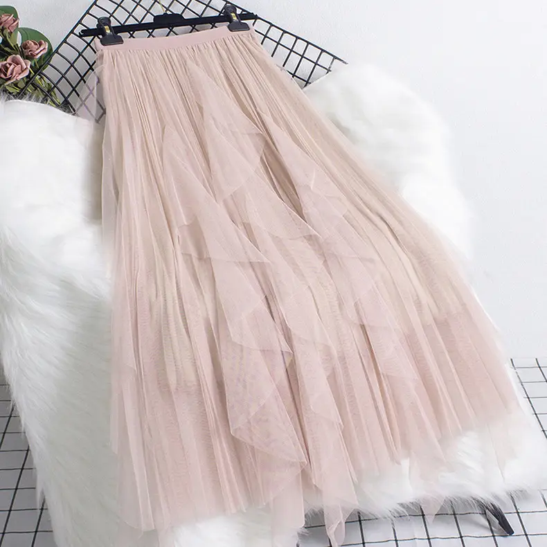 Green Ruffled Mesh Skirt Mid Length High Waist - Image 3