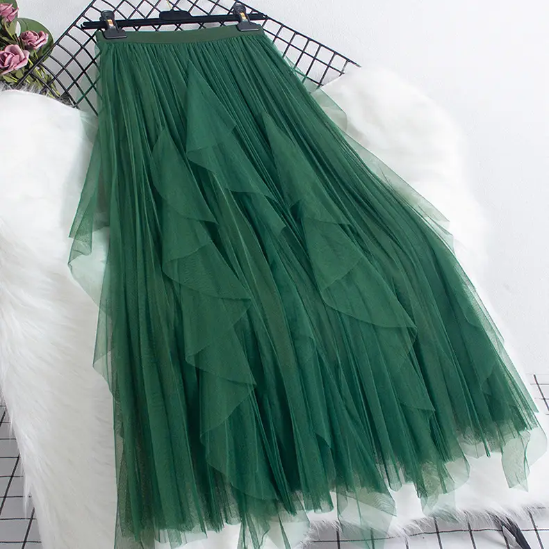 Green Ruffled Mesh Skirt Mid Length High Waist - Image 4