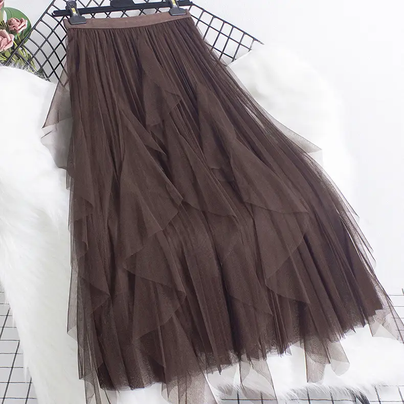 Green Ruffled Mesh Skirt Mid Length High Waist - Image 5