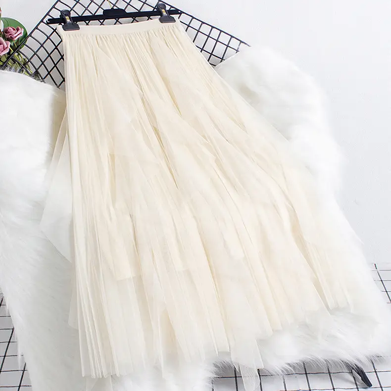 Green Ruffled Mesh Skirt Mid Length High Waist - Image 7