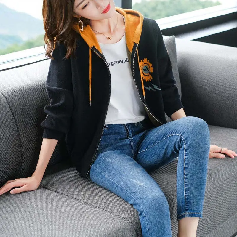 2024 Women's Hooded Sweatshirt Jacket Black Orange Velvet Large