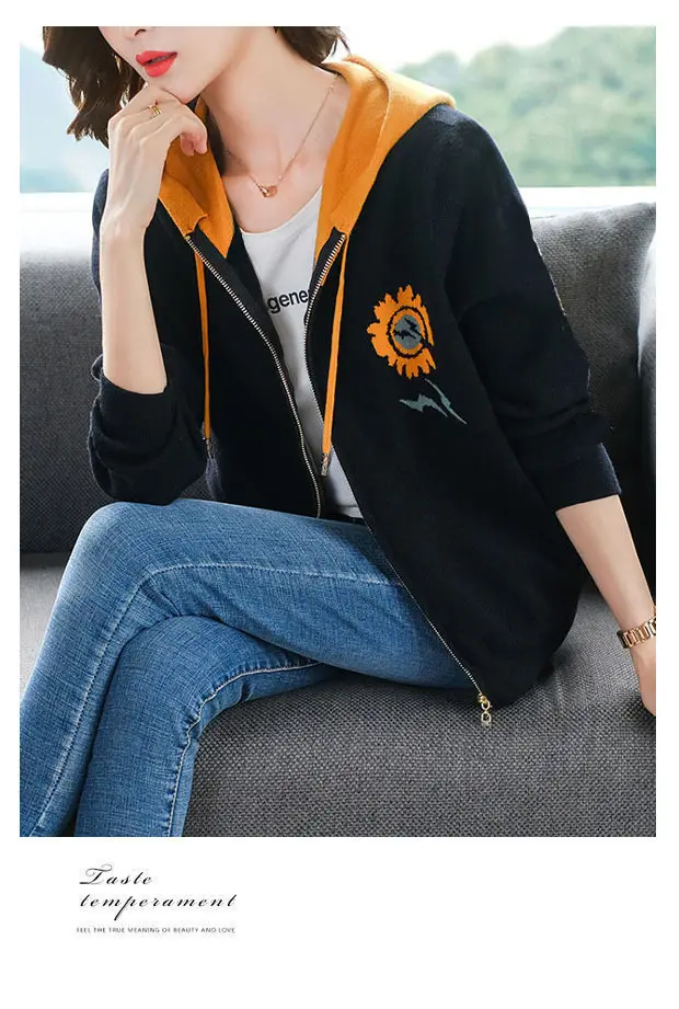 2024 Women's Hooded Sweatshirt Jacket Black Orange Velvet Large — feature 5