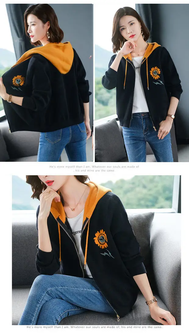 2024 Women's Hooded Sweatshirt Jacket Black Orange Velvet Large — feature 6