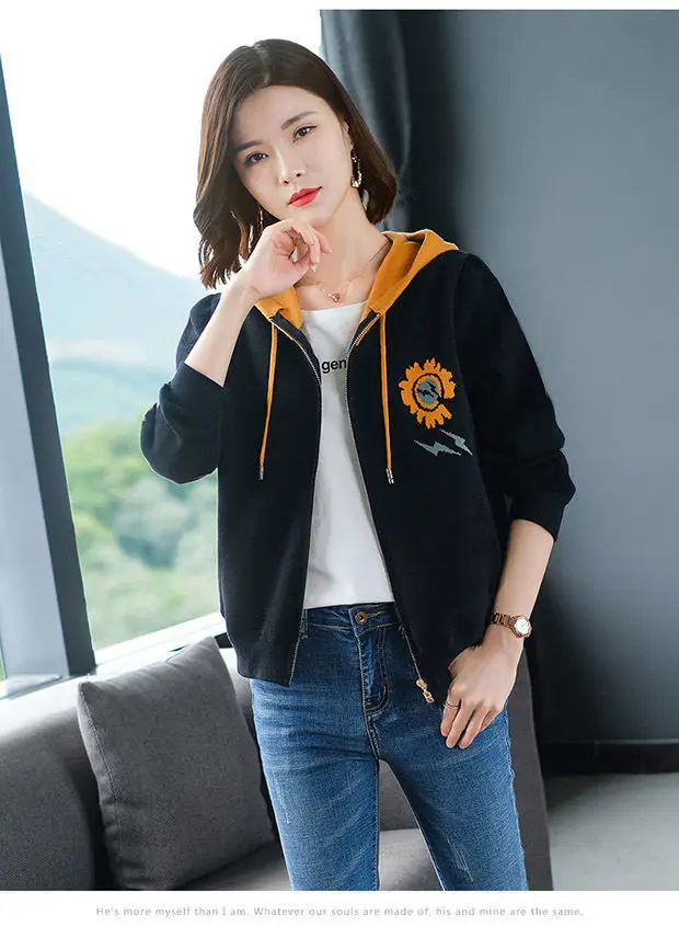 2024 Women's Hooded Sweatshirt Jacket Black Orange Velvet Large — feature 7
