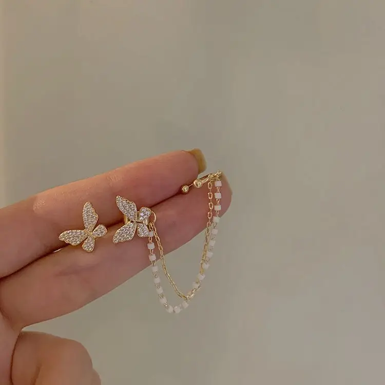Butterfly Earrings with Pearl Chain for Women - Image 3