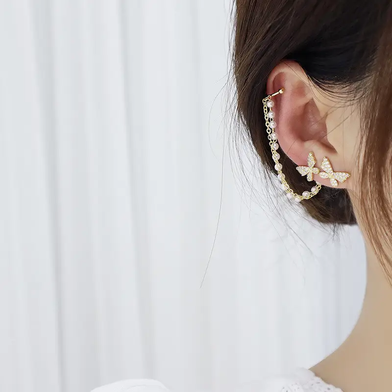 Butterfly Earrings with Pearl Chain for Women - Image 4