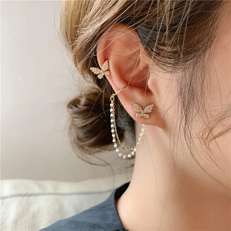 Butterfly Earrings with Pearl Chain for Women - Image 5