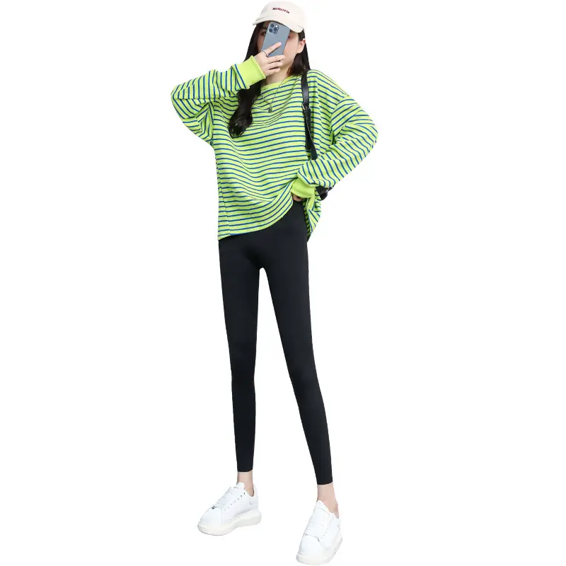 Women's 1.0 Shark Skin Leggings Green Striped Thin Tight Yoga Pants - Image 10