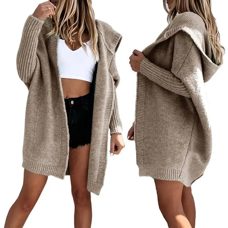 Women Grey Knitted Mid-Length Casual Sweater Jacket