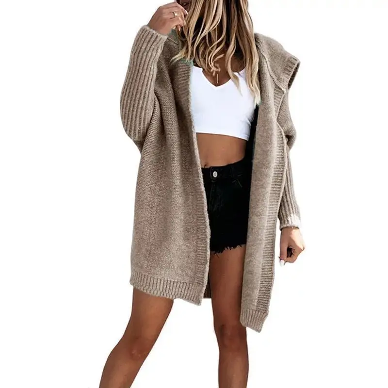 Women Grey Knitted Mid-Length Casual Sweater Jacket