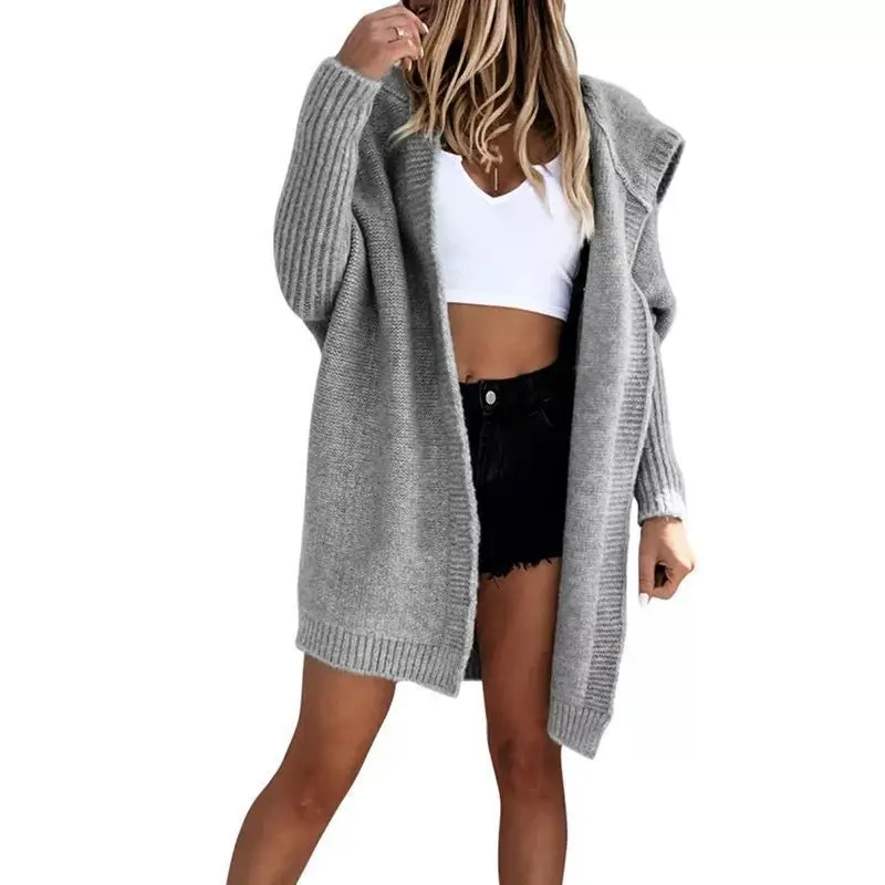 Women Grey Knitted Mid-Length Casual Sweater Jacket
