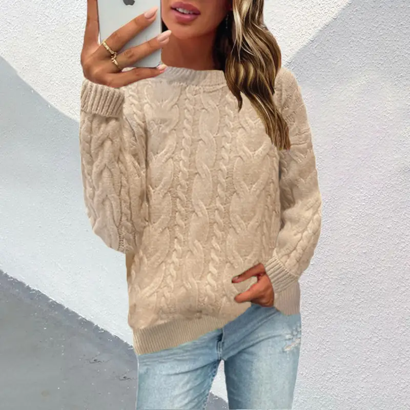 Women's Cream Cable Knit Crew Neck Sweater Pullover - Image 2