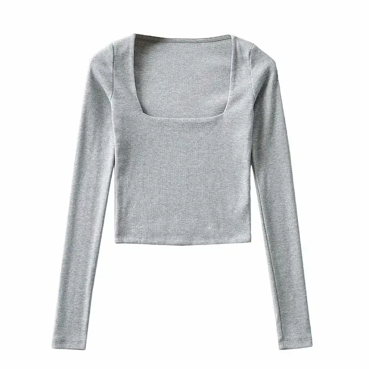 Women's Square Collar Long Sleeve T-Shirt Brown - Image 2