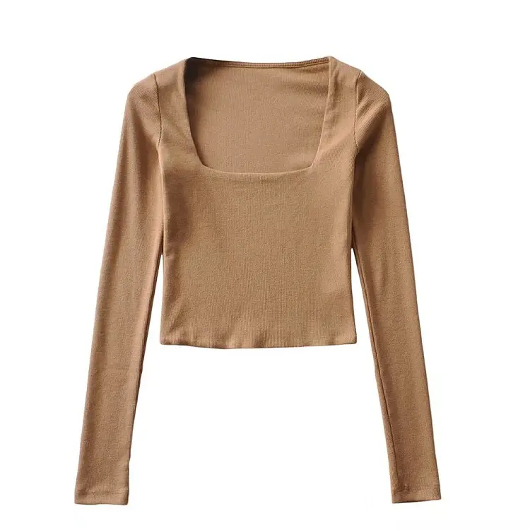 Women's Square Collar Long Sleeve T-Shirt Brown - Image 4