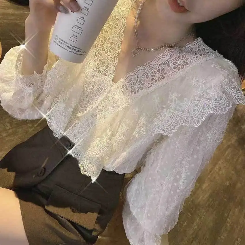 Vintage Lace V-Neck Long Sleeve Shirt Women Autumn - Image 4