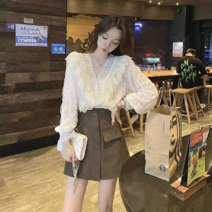 Vintage Lace V-Neck Long Sleeve Shirt Women Autumn - Image 5